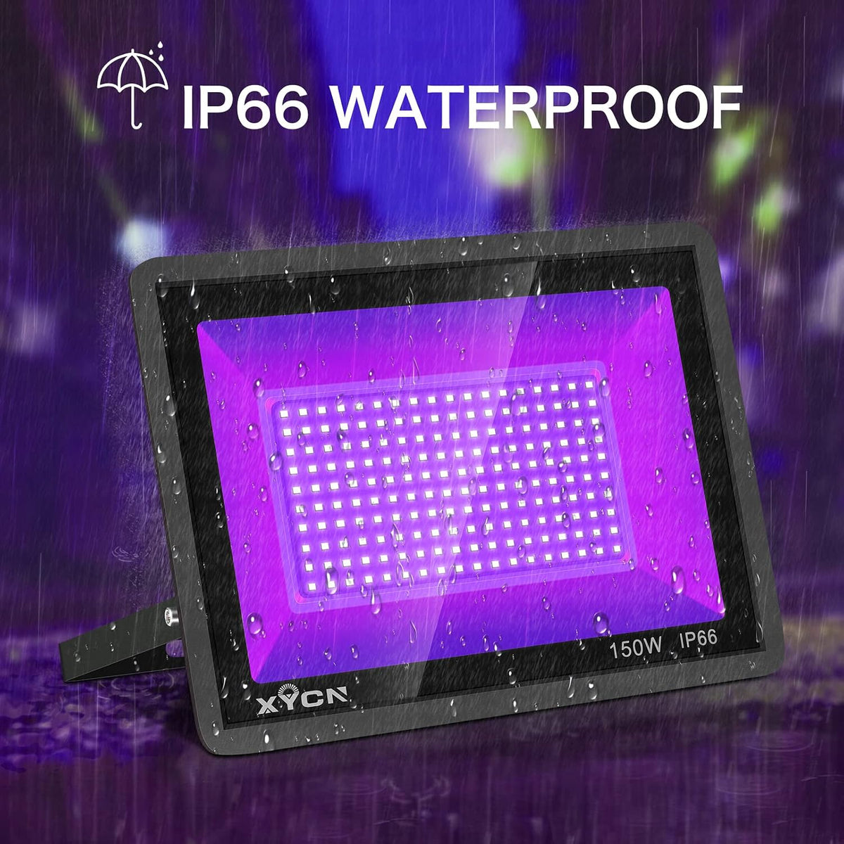 XYCN 4 Pack 150W LED Flood Black Lights,395nm to 405nm UV Outdoor Flood High Power Blacklight Light with Plug in, IP66 Waterproof Large Black Light Spotlight for Glow Party Large Space, Halloween