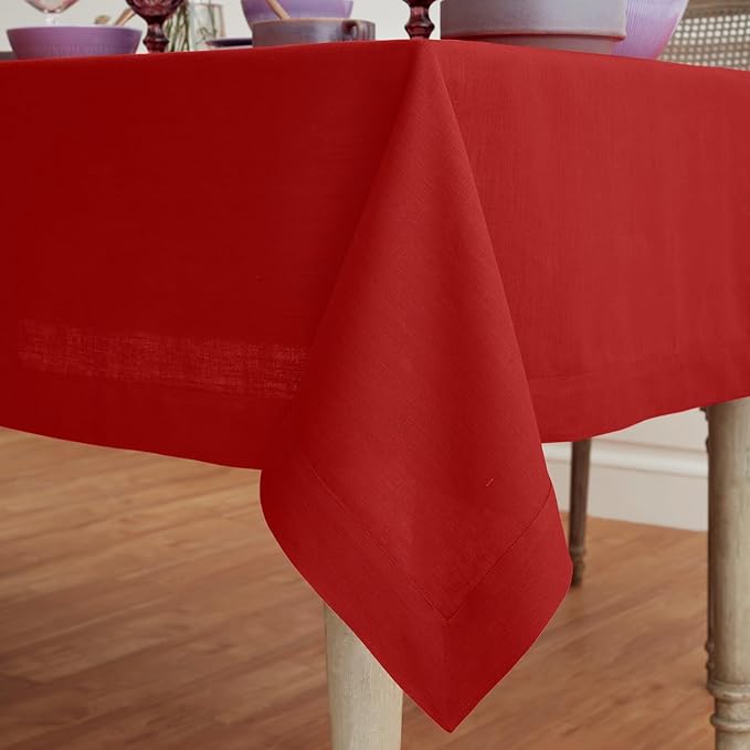 Solino Home Linen Red Tablecloth 60 x 102 Inch - 100% Pure Linen Rectangular Tablecloth - Machine Washable Table Cloth for Christmas, Holiday - Fete