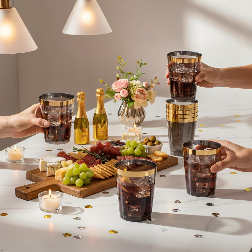 supernal 10 oz Black and Gold Plastic Cups for Holiday & Parties
