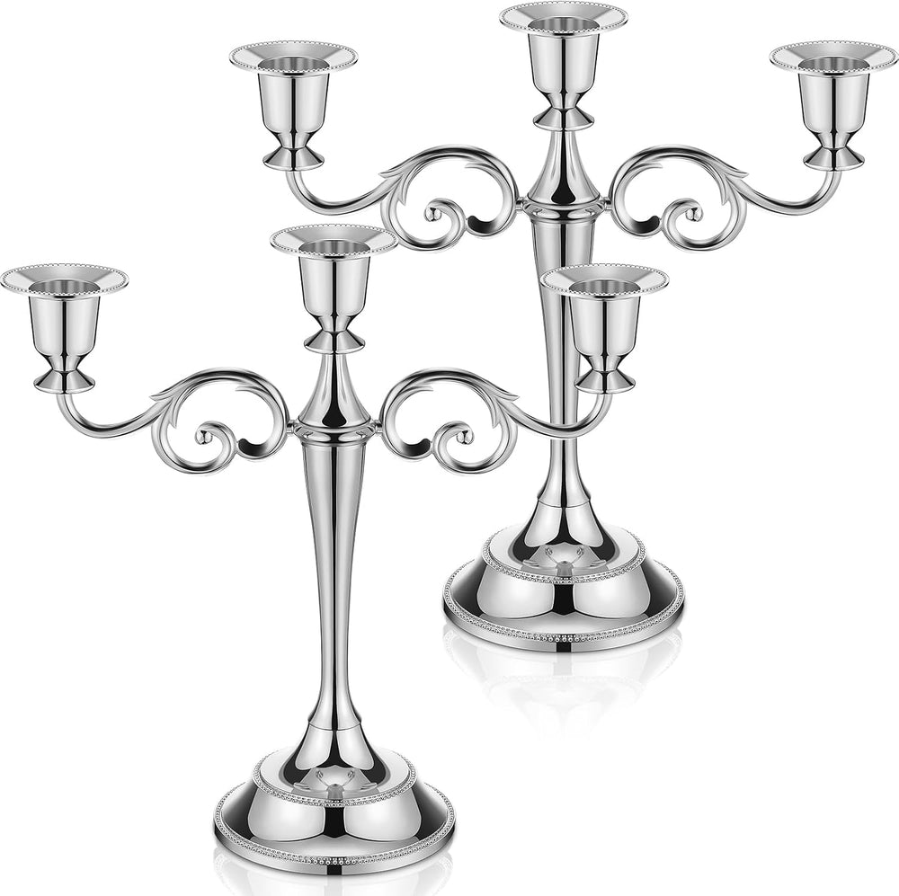 Dandat 2 Pcs 3 Arm Metal Candelabra Silver Candlestick Holders 10 Inch