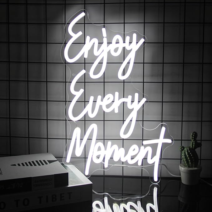 Enjoy Every Moment Neon Signs for Wall White Letter Neon Lights LED Letter Sign Dimmable Words Light Up Signs for Bedroom Bar Restaurant Salon Party Decor