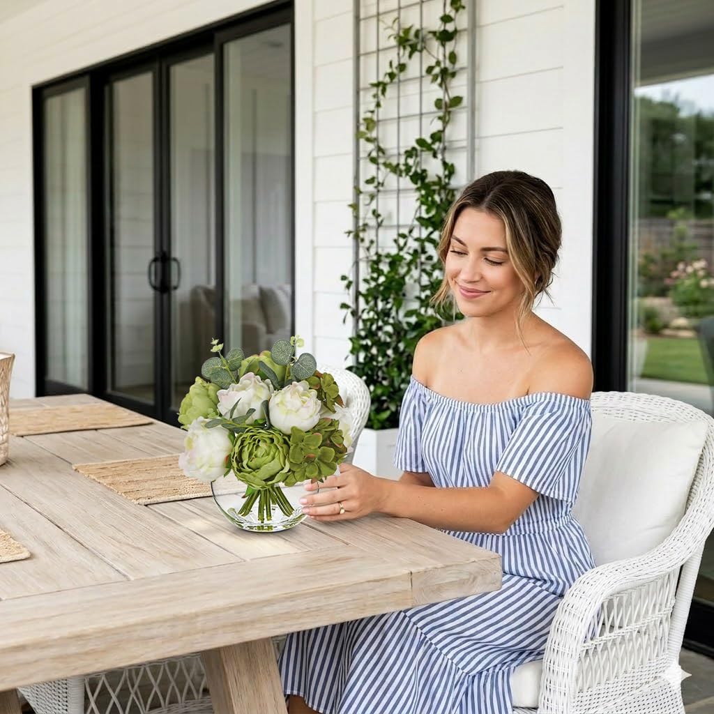 Hollyone Peonies Artificial Flowers in Vase White Green Peony Hydrangea Fake Flowers Silk Flower Arrangements with Glass Vase with Faux Water for Home Decor Bathroom Table Centerpiece Decorations
