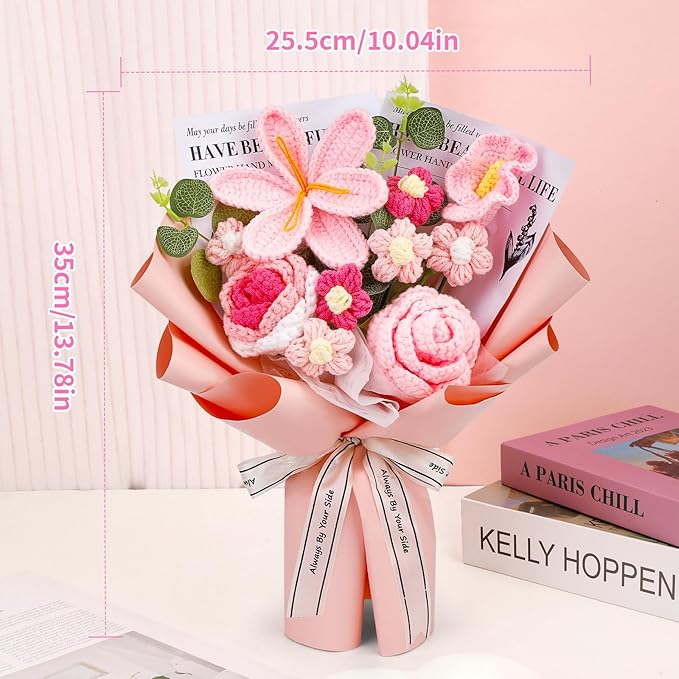 Crochet Flowers Bouquet, Handmade Knitting Crochet Flowers, Tulips Flower and Calla Lily Bouquet for Birthday, Teacher’s Day, Graduation, Valentines (Pink)