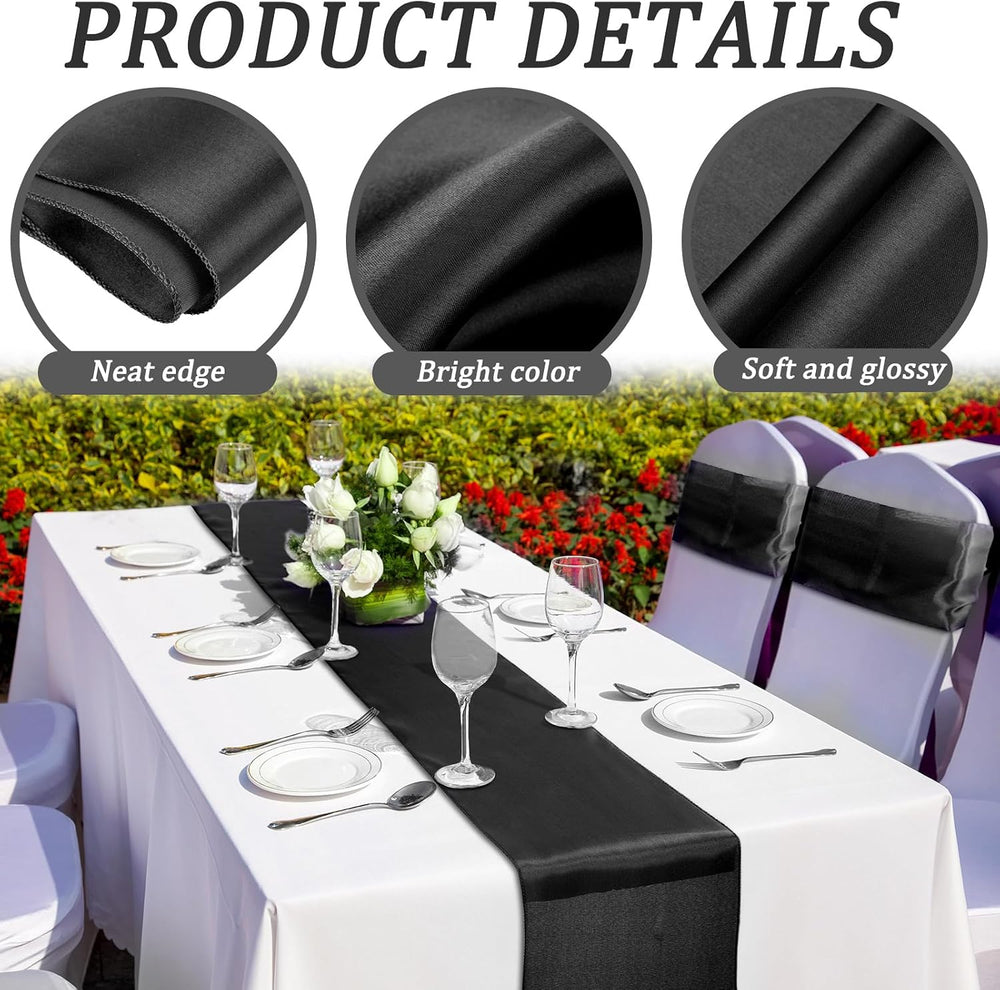 Bencailor 24 Pcs Black Satin Table Runners Bulk, 12 x 108 Inch