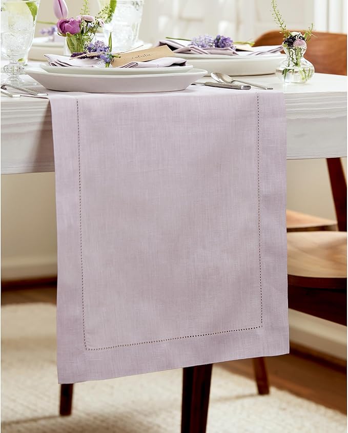 Solino Home Linen Lilac Table Runner 120 Inches Long - 100% Pure Linen Hemstitch 14 x 120 Inch Table Runner for Dining, Fall, Autumn, Thanksgiving, Christmas - Classic Hemstitch