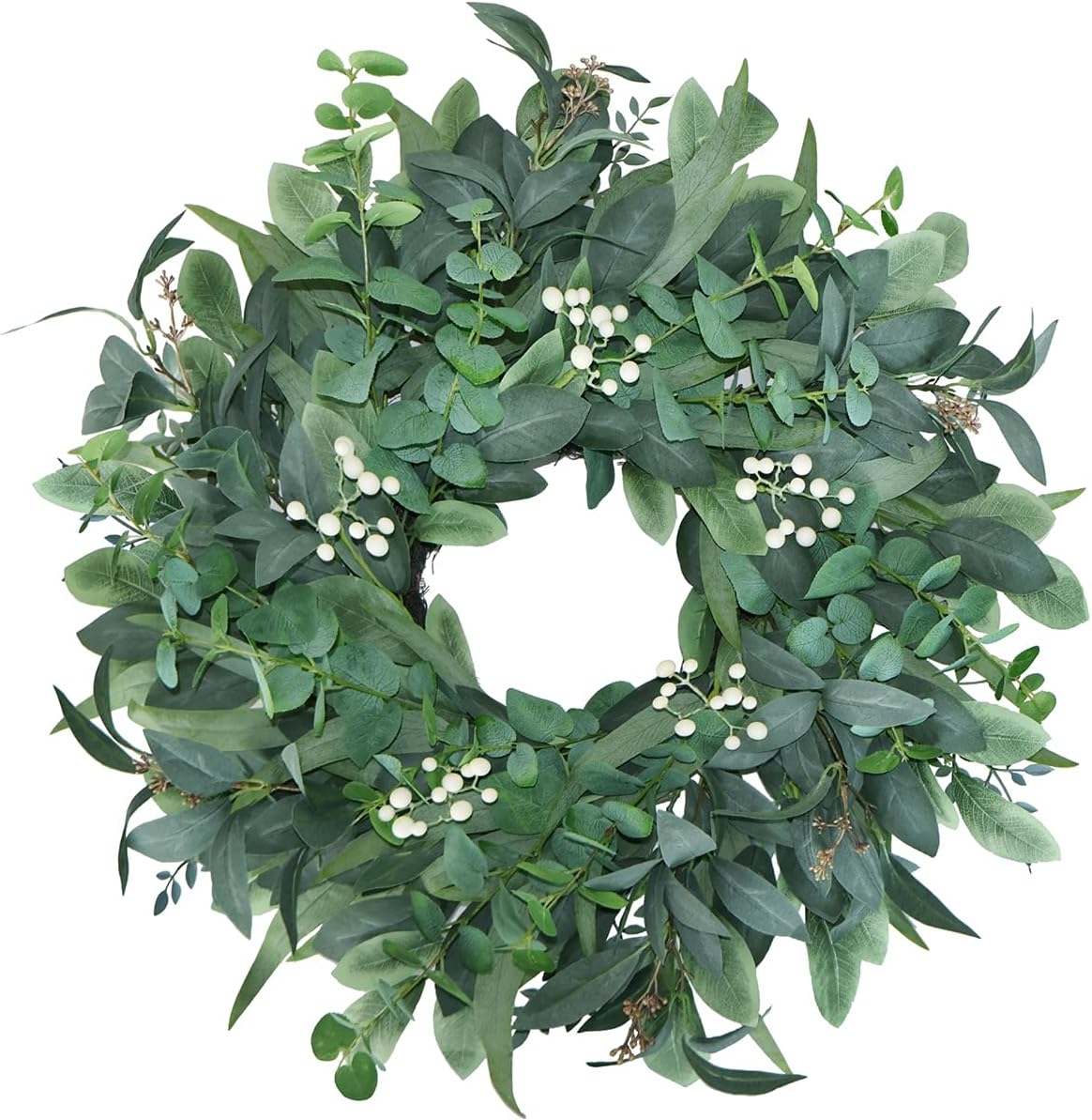 24"-26“ Green Eucalyptus Wreaths for Front Door with White Berries – Lifelike Spring, Summer, and Winter Wreath for Farmhouse Front Porch, Window, Door Decor