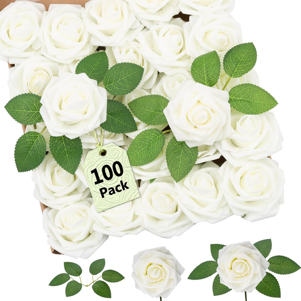 100Pcs Artificial Flowers Real Looking Ivory White Foam Fake Roses w/ Stems
