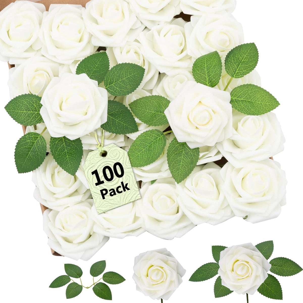 100Pcs Artificial Flowers Real Looking Ivory White Foam Fake Roses w/ Stems