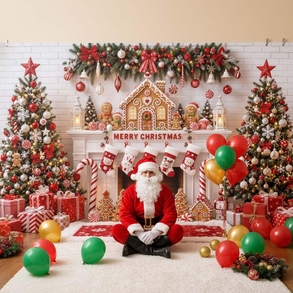 Merry Christmas Fireplace Photo Backdrop Gingerbread Man Banner 10x8 ft