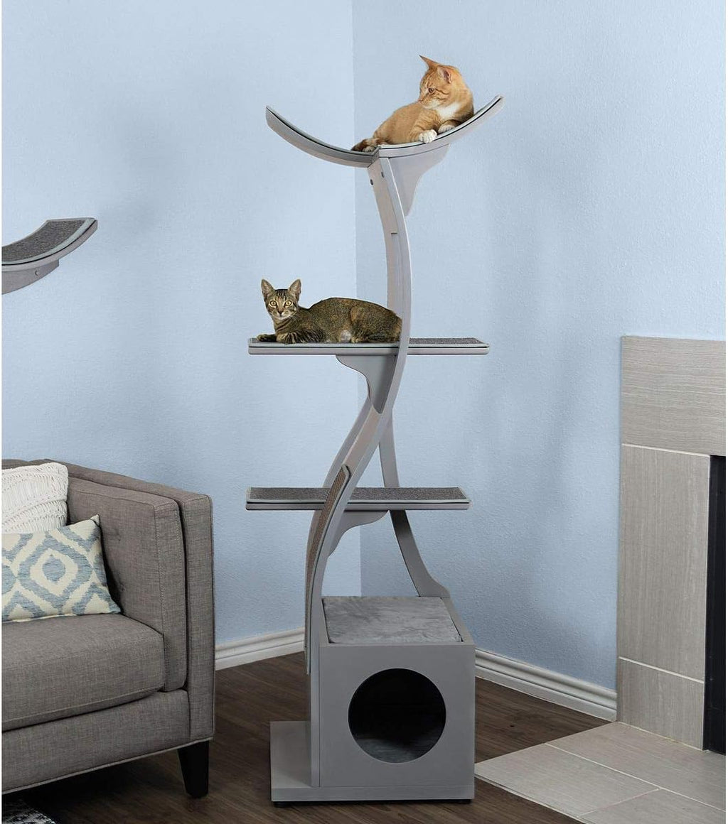 The Refined Feline 69 Inch Tall Smoke Gray Lotus Cat Tower, Multi-Level Modern Cat Tree for Indoor Cats with Scratching Post, Climbing Cat Condo with Cushioned Cubby