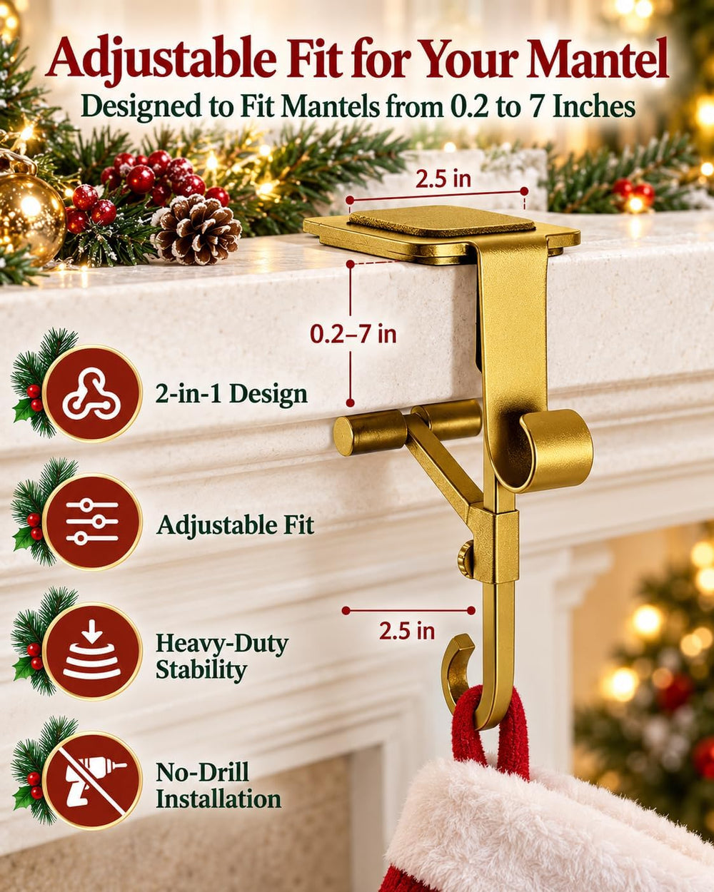 Fireplace Stocking and Garland Hanger Adjustable Heavy Duty