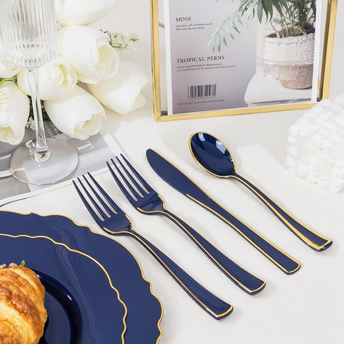 WDF 180PCS Blue Plastic Silverware -Blue and Gold Plastic Cutlery 60 Forks, 60 Knives, 60 Spoons - Heavy Duty Disposable Silverware for Party/Wedding/Space Themed Birtyday Party