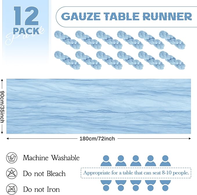 Aktor 12 Pack Light Blue Table Runner Boho Cheesecloth Table Runner Semi Sheer Gauze Fabric Runners for Wedding Birthday Baby Shower Party Boho Table Decoration（Light Blue）