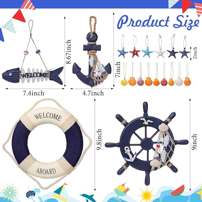 Marsui 11 Pcs Wooden Nautical Wall Decor Fishing Net Decoration, Include Decorative Fishing Net, Ship wheel, Fish Skeleton, Life Ring, Anchor, Starfish Beach Decor for Mediterranean Party (Khaki)