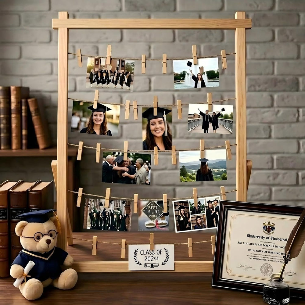 2026 Graduation Decorations Freestanding Wooden Photo Display Board with Clip...