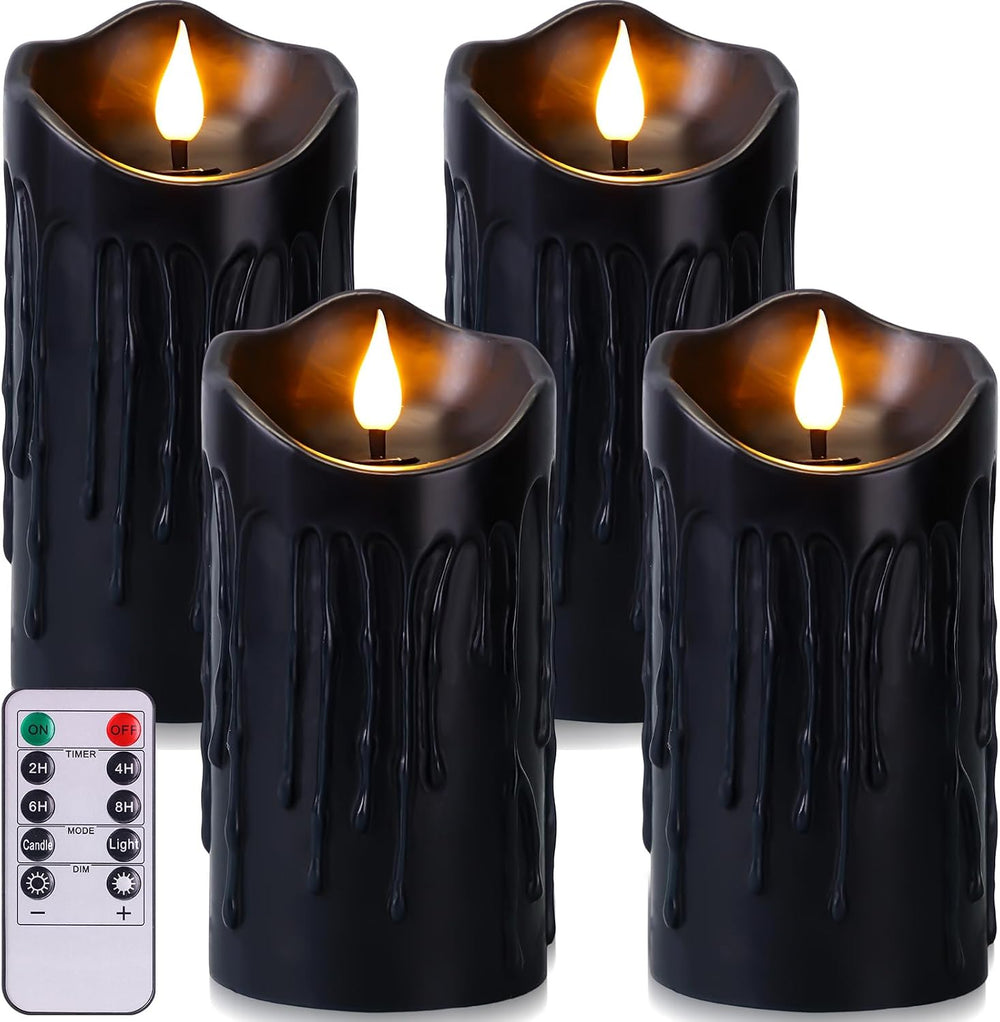 4 Pack Halloween Black Flameless Pillar Candles with Remote, 3 x 6 Inch