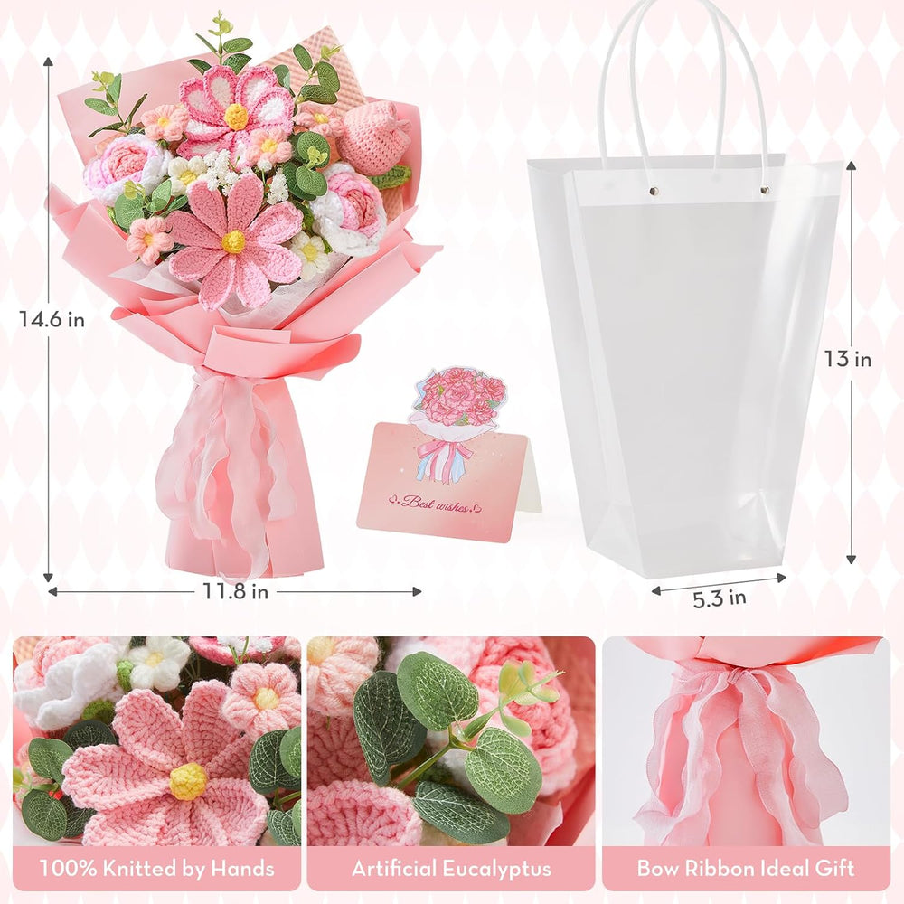 Alecono Crochet Flower Bouquet, Pink Handmade Knitted Flowers, Crochet Tulips...
