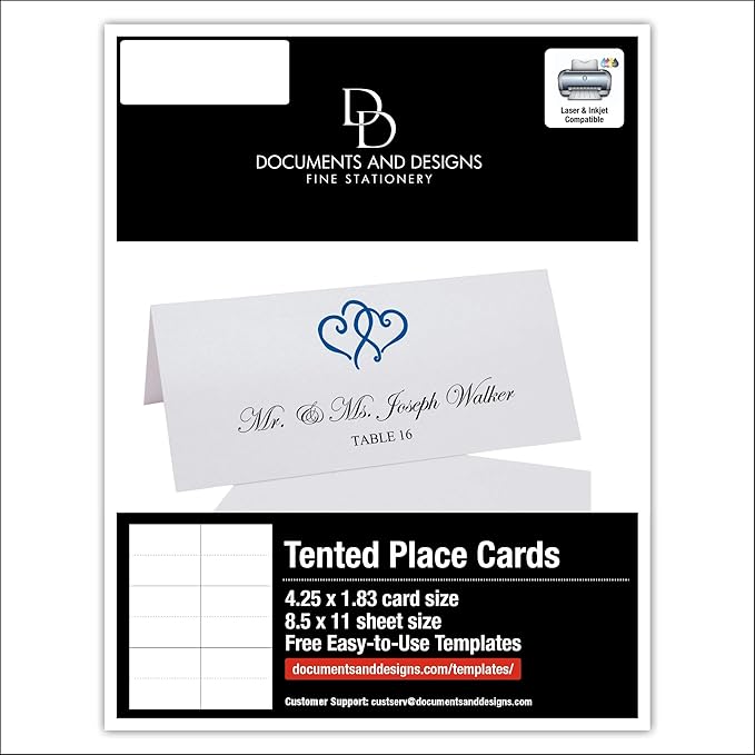 Linked Hearts Printable Place Cards, Royal Blue (Choose Color), Set of 150 (25 Sheets), Laser & Inkjet Printers - Wedding, Party, Dinner, and Special Events - Made in the USA