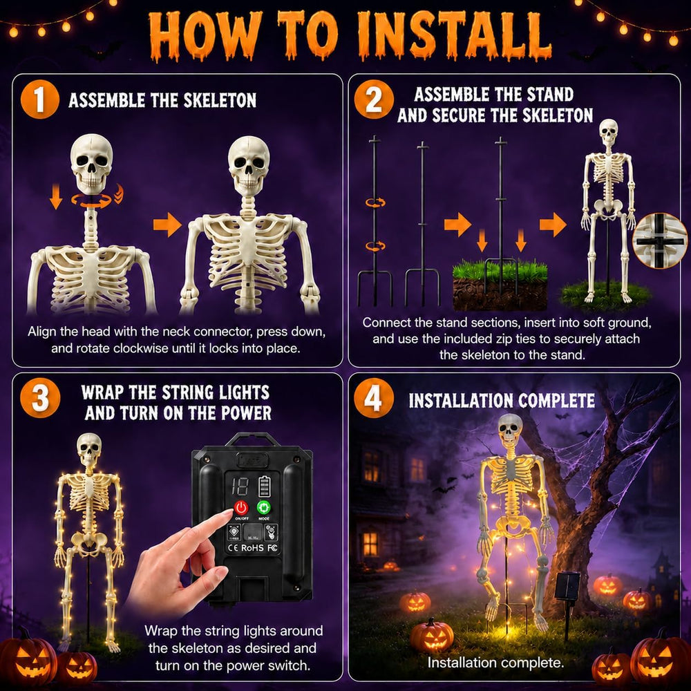 36" Solar Halloween Skeleton Decorations with Metal Stake & Warm Lights