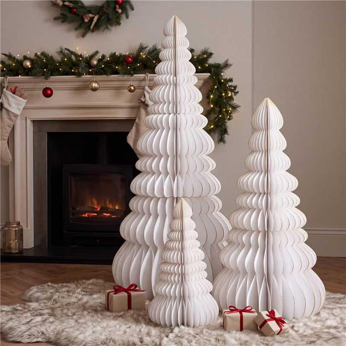 GlikCeil 3 Set Large Honeycomb Paper Christmas Tree Tall, White