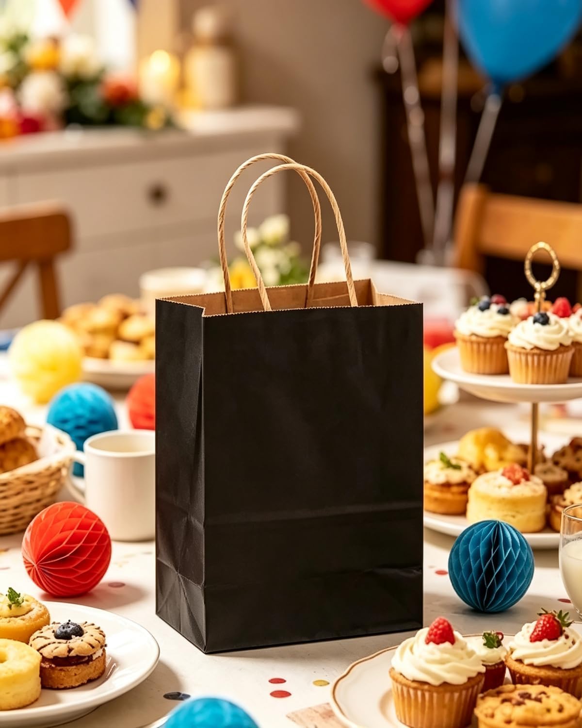 qiqee 600-packs black paper gift bags with handles showing dimensions