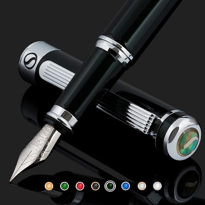 Scriveiner Black Green Fountain Pen - Stunning Luxury Pen with Chrome Finish, Schmidt Nib (Fine), Best Pen Gift Set for Men & Women, Professional, Executive, Office, Nice Pens