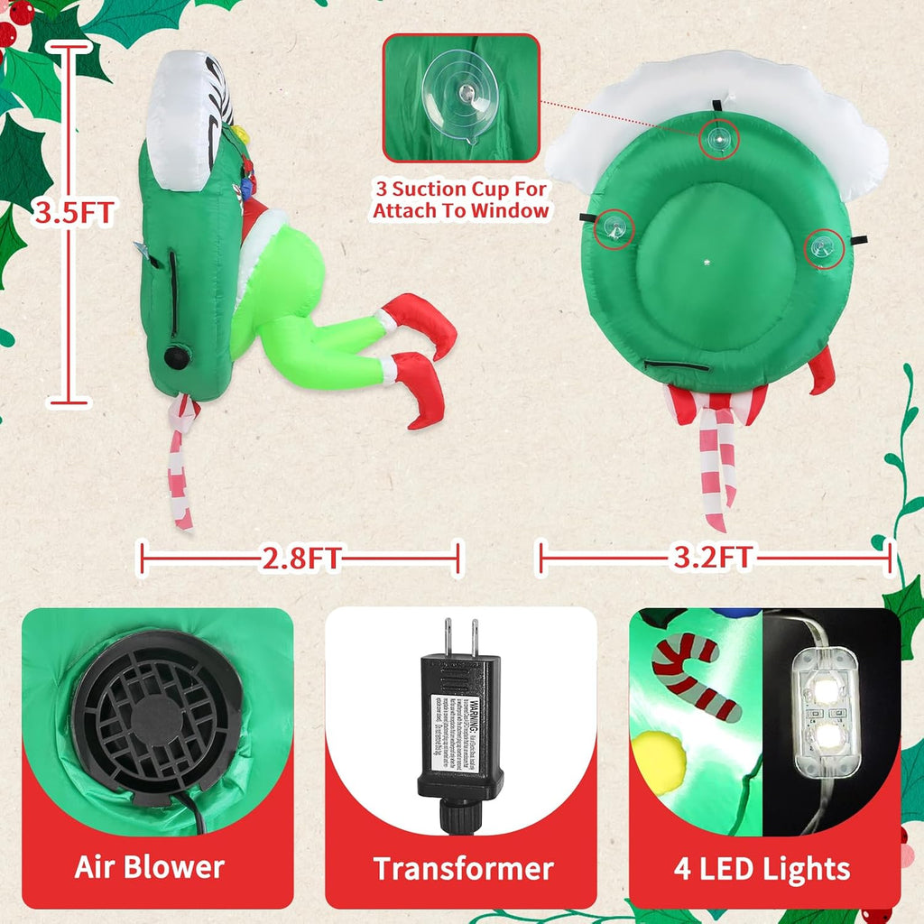 3.5FT Christmas Inflatable Outdoor Decorations Broke Out from Window with Wreath, Lighted Blow Up Yard Decor with Built-in LED Lights for Outside Indoor Yard Window Party Garden