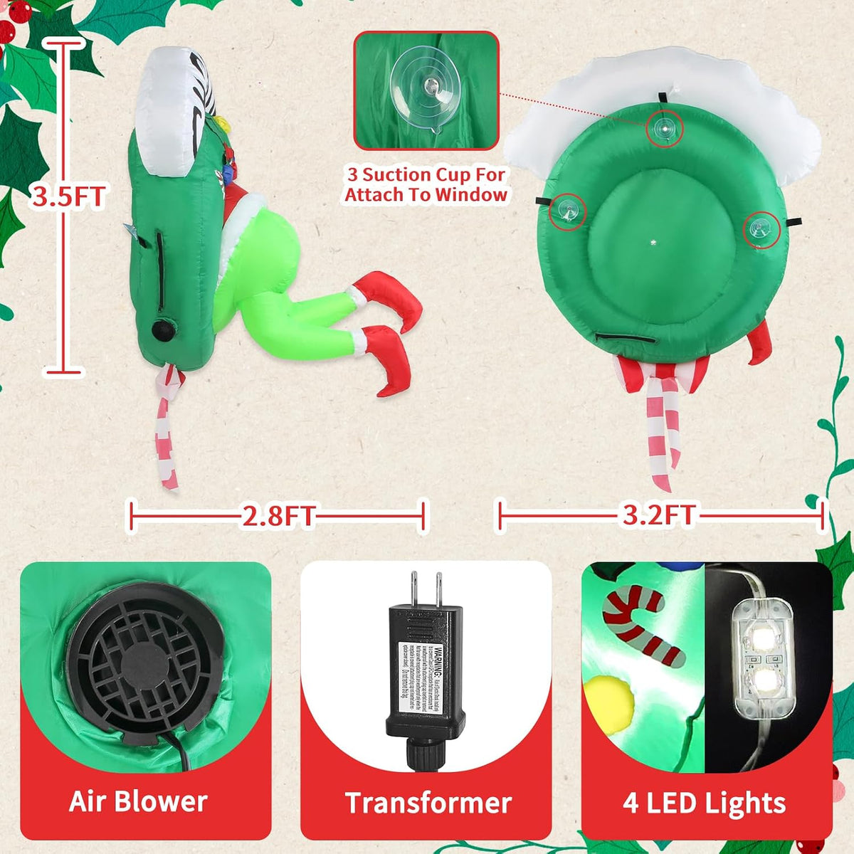 3.5FT Christmas Inflatable Outdoor Decorations Broke Out from Window with Wreath, Lighted Blow Up Yard Decor with Built-in LED Lights for Outside Indoor Yard Window Party Garden