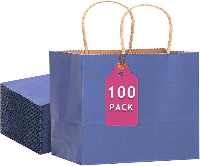qiqee 100PCS Large Gift Bag with Handles Bulk 13"x4.5"x10" Gift Bags Kraft Deep Blue Multiple Uses (32x11x25cm,Wide Large)