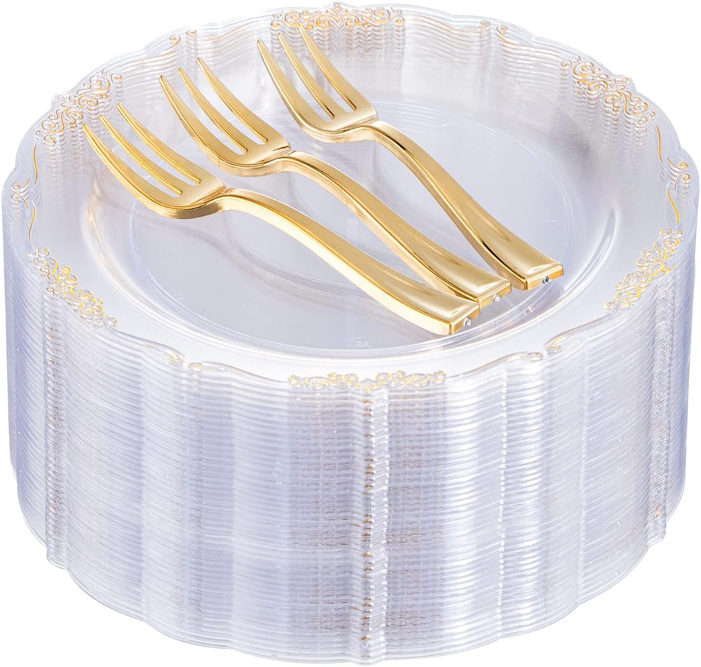 LIYH 200 Pcs Clear Gold Sturdy Plastic Cake Plates & Forks for Weddings
