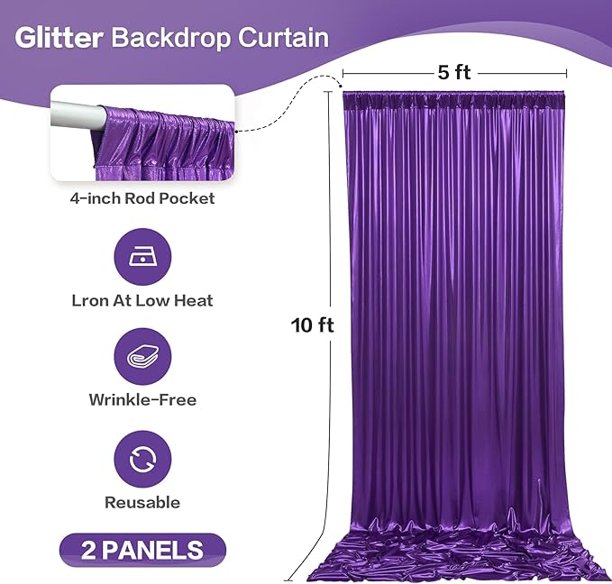 gogoparti 10x10FT Purple Sequin Backdrop Curtain - 2 Panels of 5x10FT Wrinkle-Free Glitter Drapes for Photography, Birthdays, Weddings & Graduations