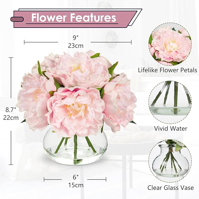 Hollyone Pink Peonies Artificial Flowers with Vase Faux Flowers Peony Fake Flowers Silk Flower Arrangements in Glass Vase with Faux Water for Home Decor Bathroom Table Centerpiece Shelf Decorations