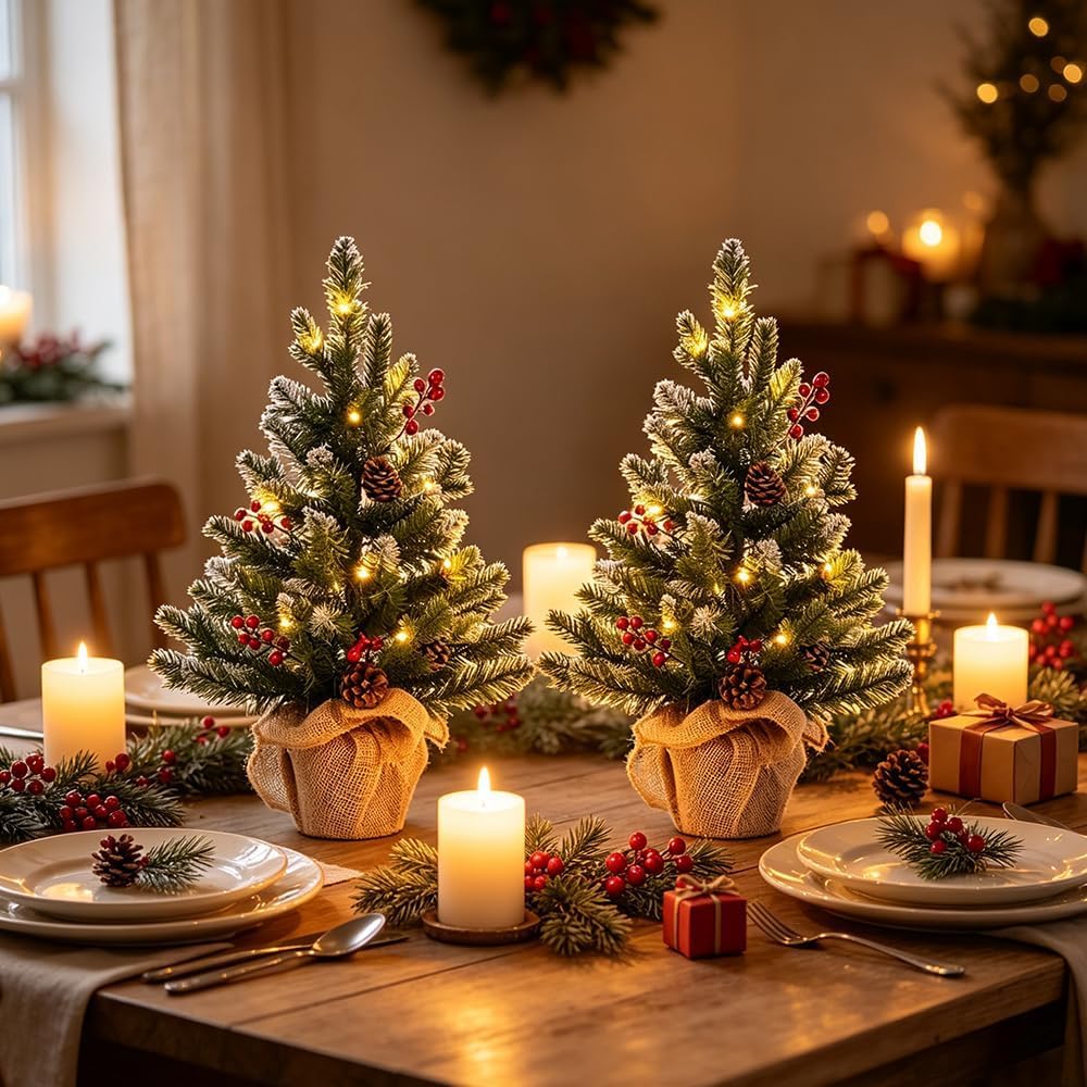 MEETYAMOR 2 FT Mini Christmas Tree, Set of 2 24" PE Prelit Small Artific...