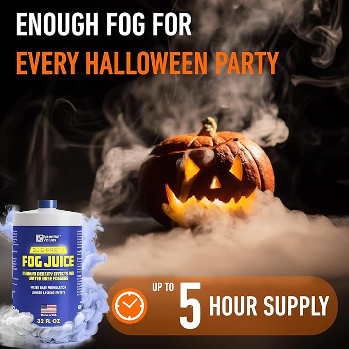 Essential Values Fog Machine Liquid - Long-Lasting Fog Juice for Smoke Machine Extreme High-Density, 32oz/Quart – Manufactured in USA – Water Based Foggers 700+ Watt Machines