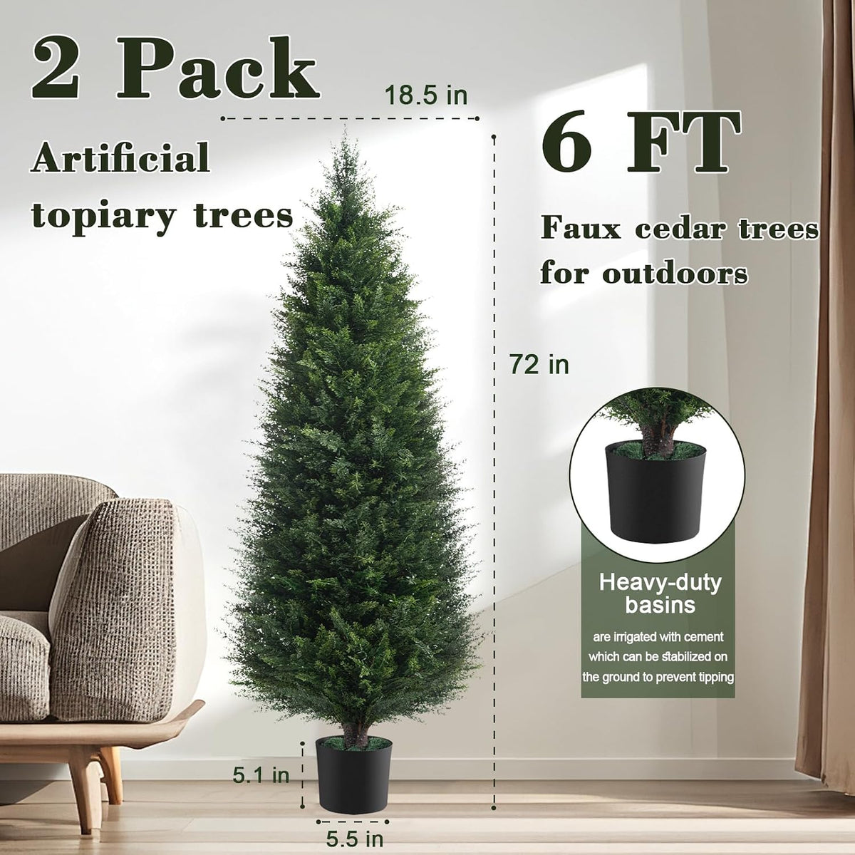 chillchard 2pack 6ft artificial cedar tree, uv resistant shown in use