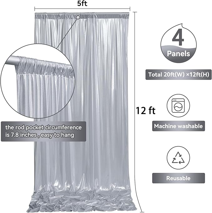 20ftx12ft Silver Sequin Backdrop Curtain Panels for Parties, Wrinkle Free Glitter Photo Backdrop Drapes 4 Panels 5x12FT Shimmer Back Drop Cloth for Wedding Birthday Christmas Photography Background