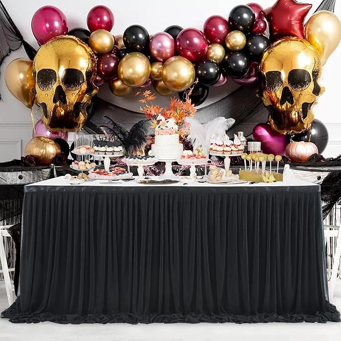 14ft Black Tulle Table Skirt for Rectangle Table or Round Tables Tutu Table Cloth for Birthday Party Baby Shower Wedding Parties Dessert Buffet Banquet Decorations
