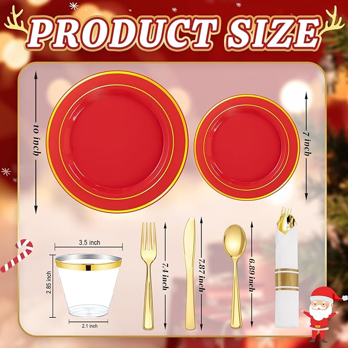 350Pieces Christmas Plates with Gold Plastic Silverware - Red Plastic Plates with Gold Rim Include 50Dinner Plate 10”, 50Dessert Plate 7”, 50 gold Cups 9 OZ, 50 Pre Rolled Napkins for Christmas/Party