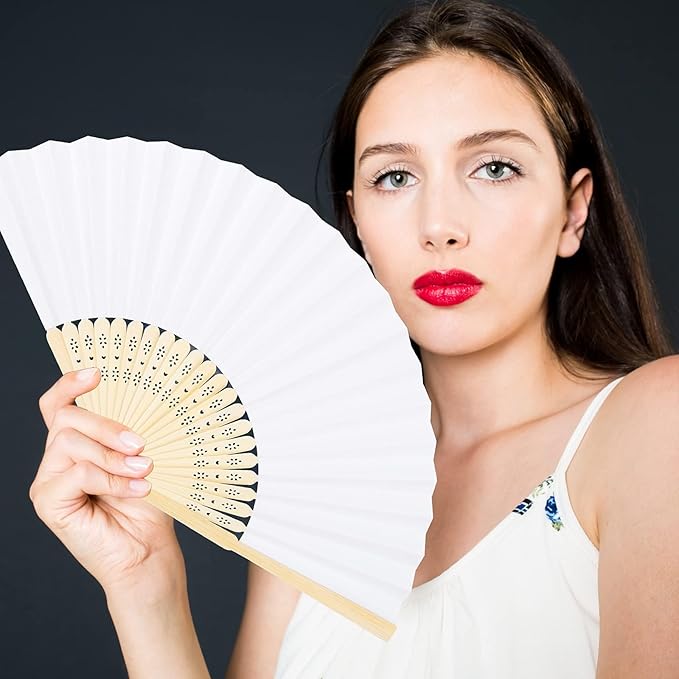 Aneco 36 Pieces Handheld Paper Fans Paper Folding Fans with Bamboos for Wedding Gift, Party, Home, DIY, White