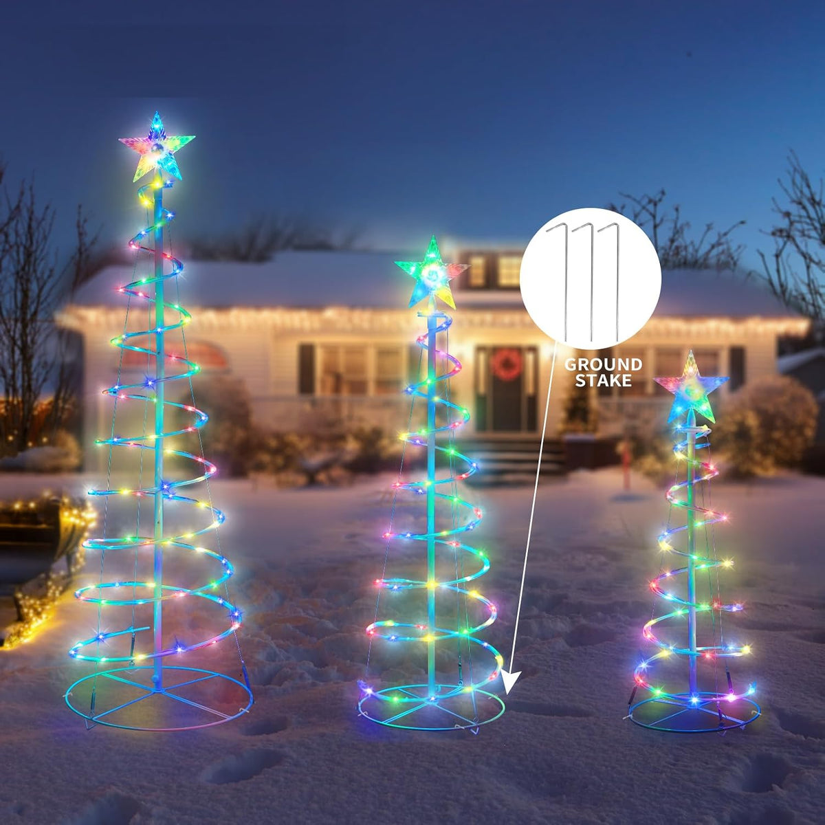 Set of 3 Christmas Spiral Tree Lights, 3/4/5 FT Holiday Decor, Multicolor