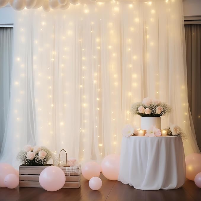 30×10ft White Tulle Backdrop Curtain with Lights String for Parties, Sheer Photo Backdrop Curtains for Wedding Party Photography Background