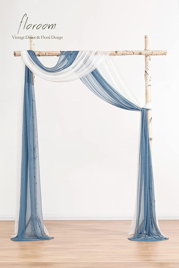 Floroom Wedding Arch Draping Fabric 2 Panels 20Ft Chiffon Fabric Drapes Arbor Drapery Wedding Ceremony Reception Swag Decorations (White & Dusty Blue)
