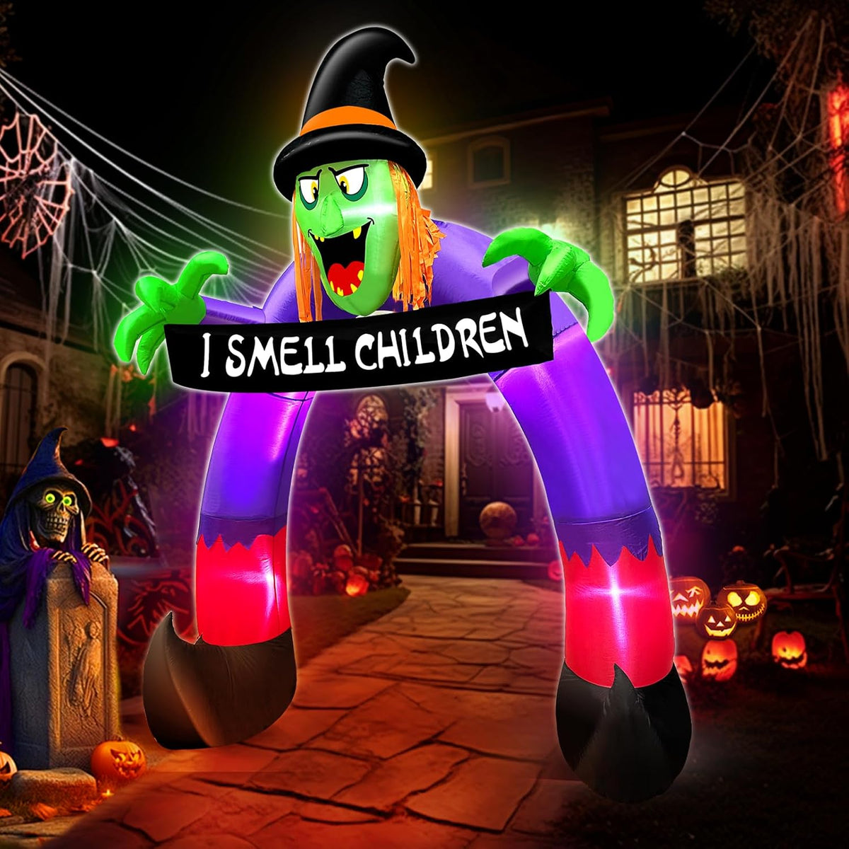 8ft halloween inflatables outdoor decorations witch holds banner, package contents