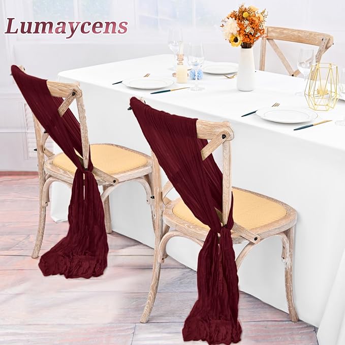 50 PCS Cheesecloth Chair Sashes Bows Wedding Aisle Decorations Chair Ribbon Ties Back Sash for Wedding Party Events Banquet Chair Cover Decoration (Burgundy)