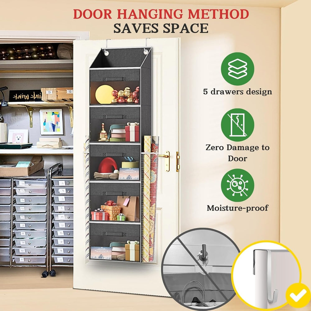 Over Door Wrapping Paper Organizer Storage with 5 Removable Drawers & 2 L...
