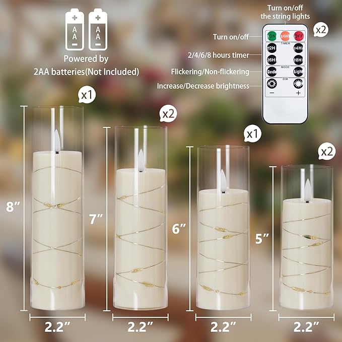 Ivory Flameless Candles with Remote and String Light, 2.2"x 5",5",6",7",7",8" LED Battery Operated Plastic Flickering Timer Pillar Candles(Pack of 6,Turn On/Off String Light Mode)