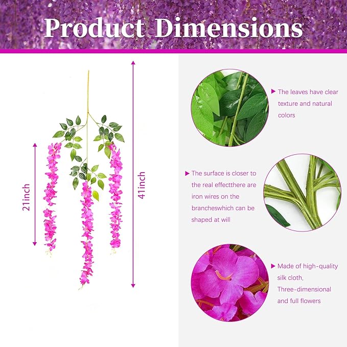 24 Pack Purple Red Wisteria Hanging Flowers, 3.4 Ft Fake Hanging Flowers, Artificial Wisteria Garland Vines for Wedding Room Backdrop Outdoor Patio Garden Decoration