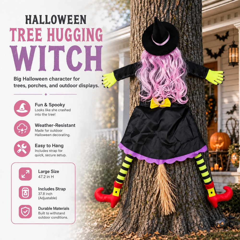 Halloween Decoration Outdoor, Tree Hugging Witch with Pink Hair