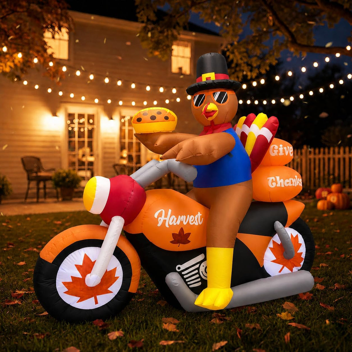 6.3FT Long Thanksgiving Inflatable Turkey Riding Motorcycle Outdoor Decor