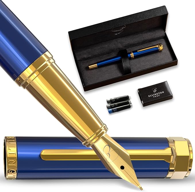 Ellington Pens Luxury Fountain Pen Set- Fountain Pens for Writing - Smooth Fine Nib - Includes Refillable Ink Converter, 3 Ink Cartridges [Black & Blue], Gift Box - Elegant Calligraphy